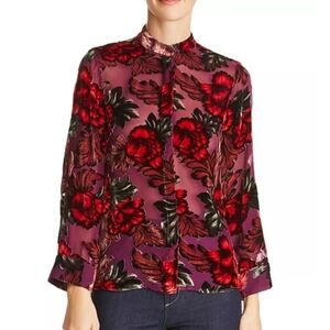Alice + Olivia Eloise Velvet Burnout Floral Silk Blouse Purple Red Size L